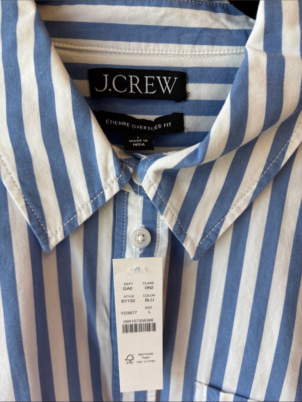 J. Crew Light Blue and White Vertical Stripe Button-Down Shirt oversized - Picture 2 of 5